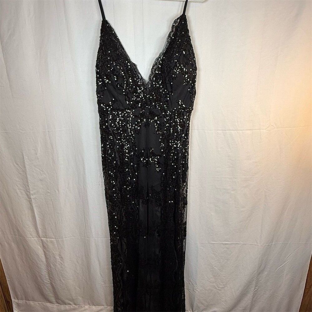 Womens Fashion Nova Formal Jumpsuit 1X Black Sequin Lace Overlay Maxi V-Neck